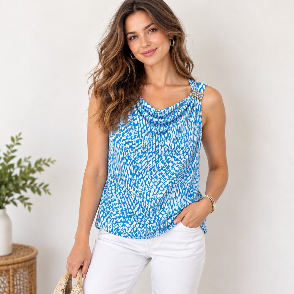 Susan Graver Liquid Knit Sleeveless Blouse Women's Size M Blue Office Summer